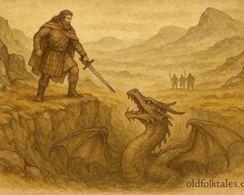 An artwork of Highland laird defeating dragon in Sutherland, Scottish legend.