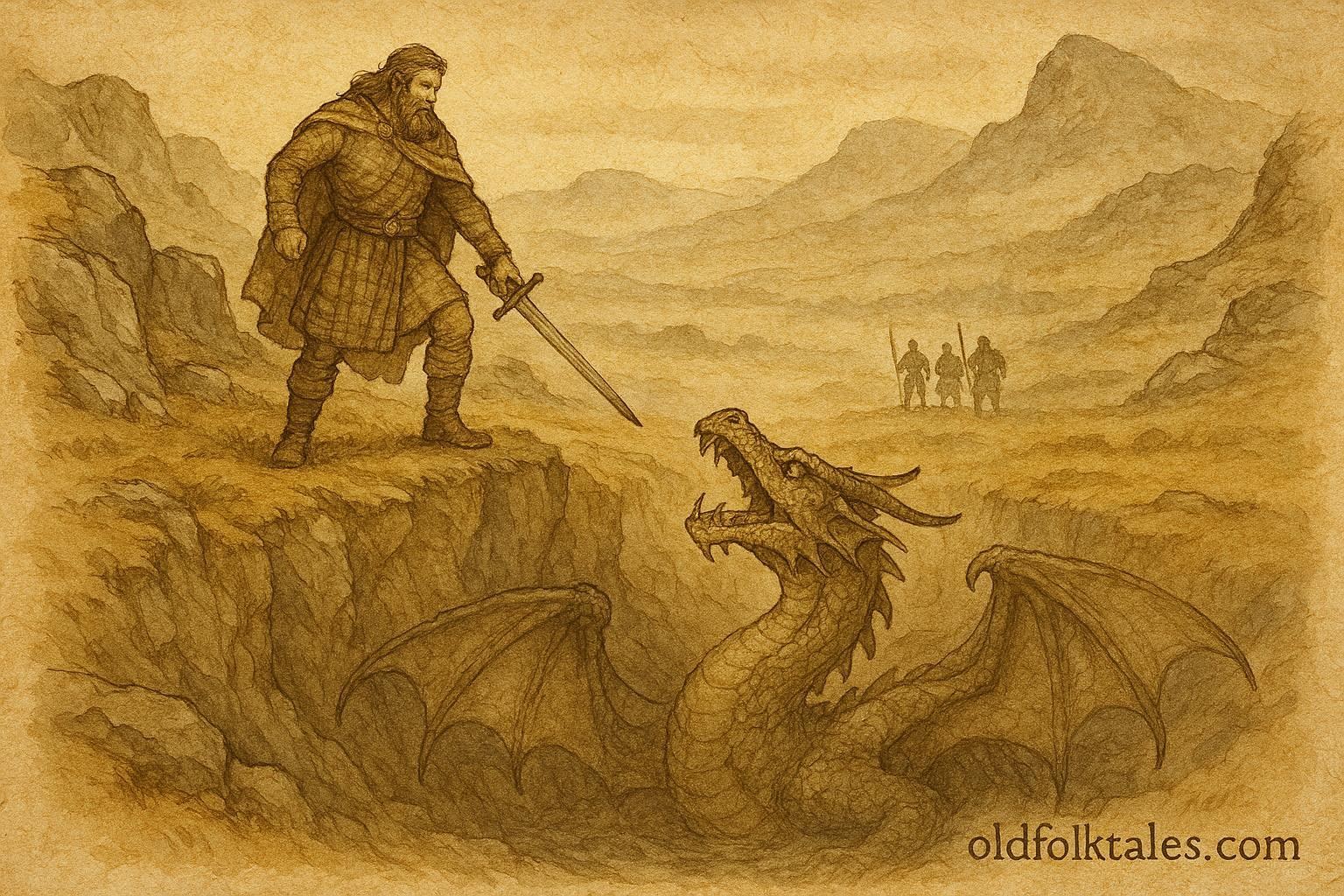 An artwork of Highland laird defeating dragon in Sutherland, Scottish legend.