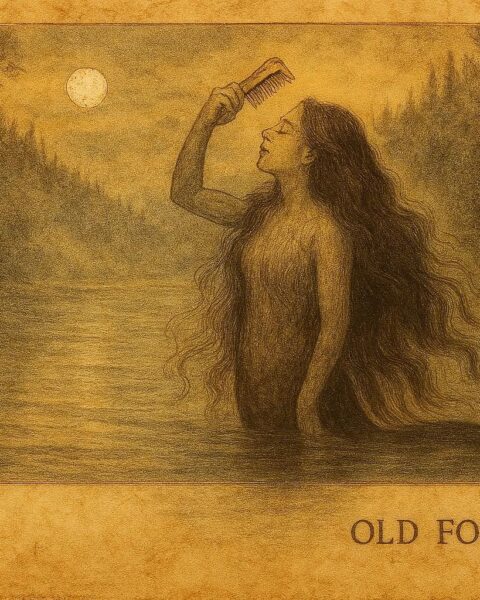An artwork of the Lamia by a Basque river, Northern Spain folklore.
