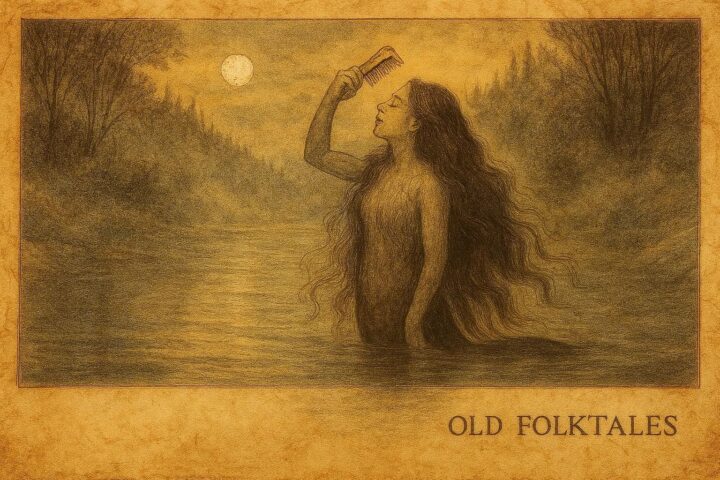 An artwork of the Lamia by a Basque river, Northern Spain folklore.