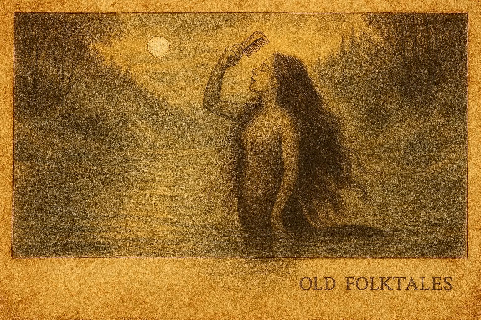 An artwork of the Lamia by a Basque river, Northern Spain folklore.