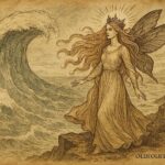 Fairy queen standing on Irish coastal cliffs as a great wave rises behind her, Irish folklore scene.