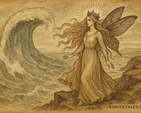 Fairy queen standing on Irish coastal cliffs as a great wave rises behind her, Irish folklore scene.