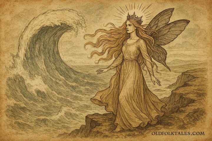 Fairy queen standing on Irish coastal cliffs as a great wave rises behind her, Irish folklore scene.