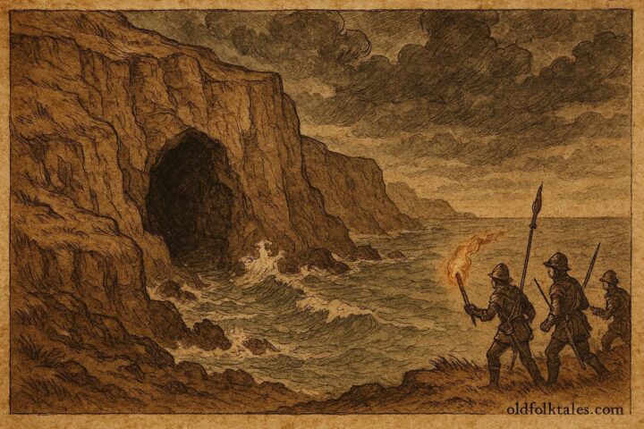 Parchment-style art of Ayrshire sea cave from Scottish legend.