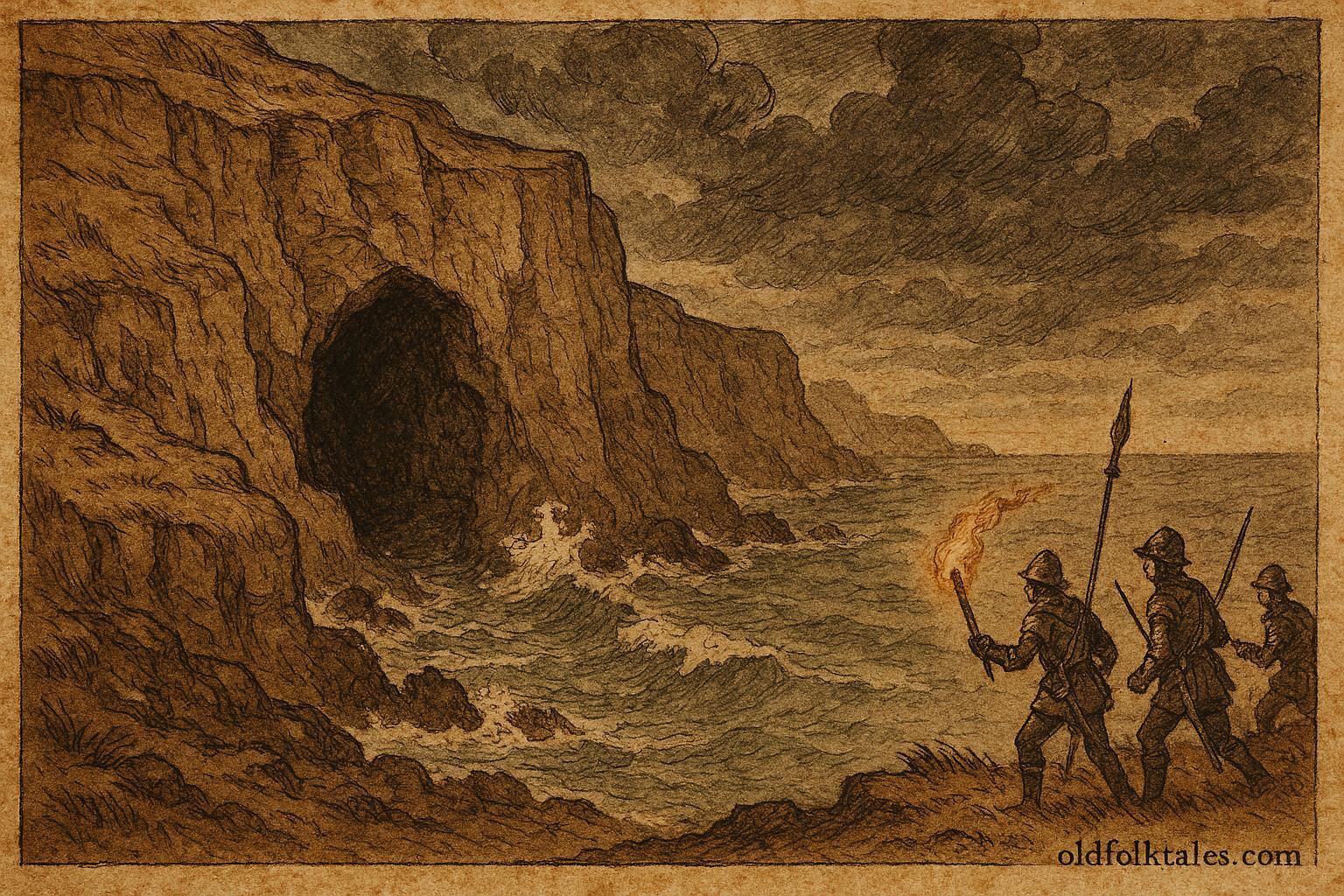 Parchment-style art of Ayrshire sea cave from Scottish legend.