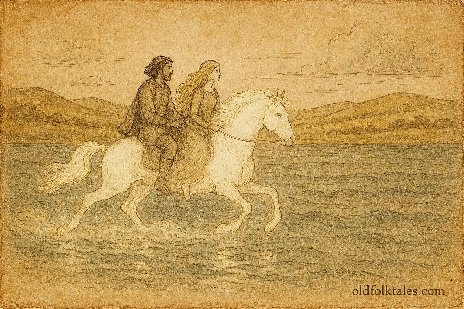 An art of Oisín and Niamh riding to Tír na nÓg, Irish folktale