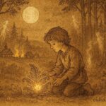 An artwork of boy witnessing glowing fern flower, Ukrainian folklore scene.
