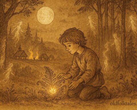 An artwork of boy witnessing glowing fern flower, Ukrainian folklore scene.