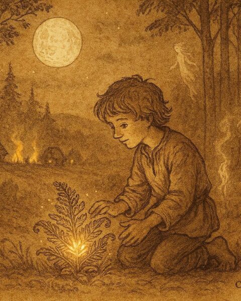 An artwork of boy witnessing glowing fern flower, Ukrainian folklore scene.