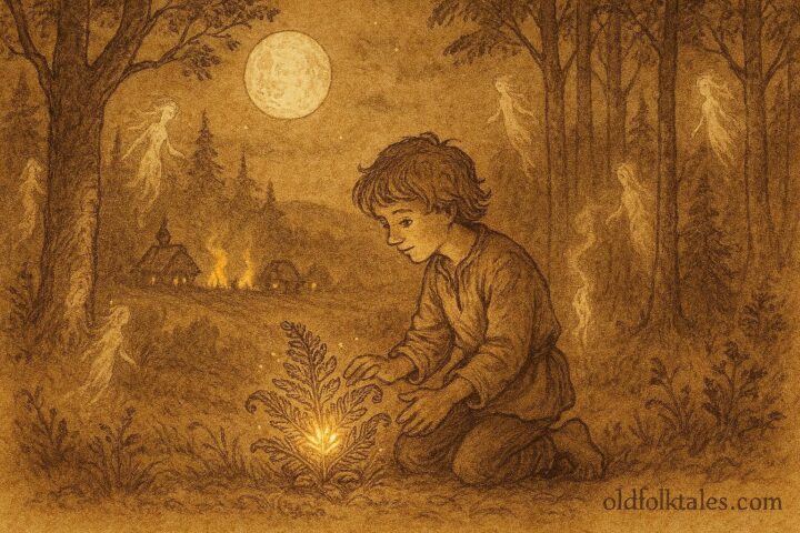 An artwork of boy witnessing glowing fern flower, Ukrainian folklore scene.