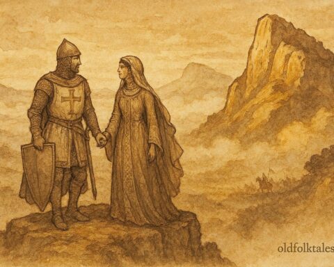 An artwork of Christian knight and Moorish princess leaping from Peña de los Enamorados, Andalusia folktale.
