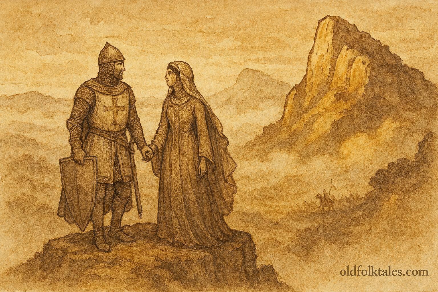 An artwork of Christian knight and Moorish princess leaping from Peña de los Enamorados, Andalusia folktale.