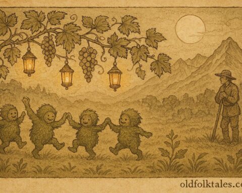 An illustration of tiny vineyard guardians dancing among vines, Swiss folktale scene.
