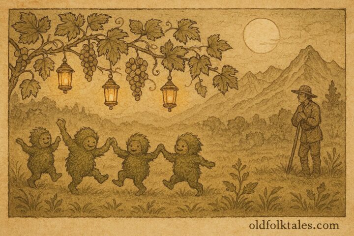 An illustration of tiny vineyard guardians dancing among vines, Swiss folktale scene.