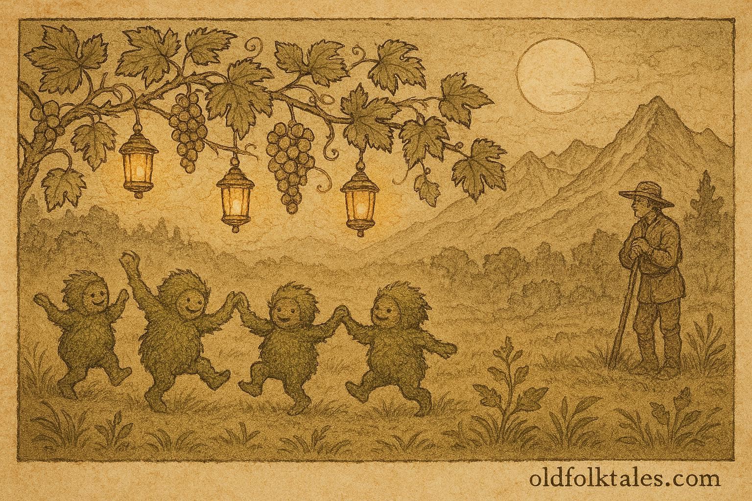 An illustration of tiny vineyard guardians dancing among vines, Swiss folktale scene.