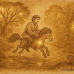 An illustration of Ivan riding the magical humpbacked horse, Russian folklore scene.