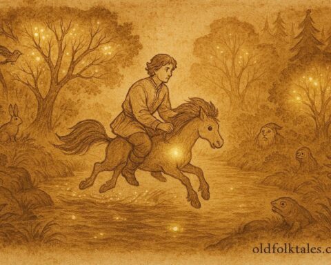 An illustration of Ivan riding the magical humpbacked horse, Russian folklore scene.