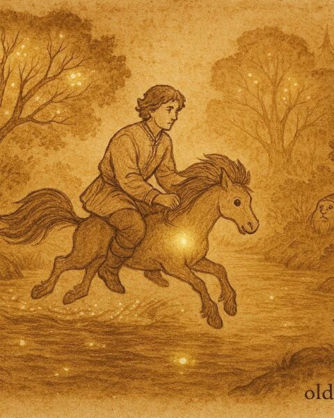An illustration of Ivan riding the magical humpbacked horse, Russian folklore scene.
