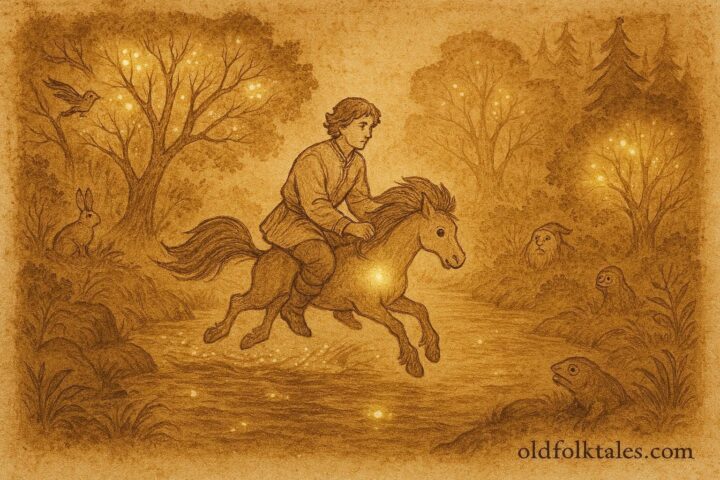 An illustration of Ivan riding the magical humpbacked horse, Russian folklore scene.
