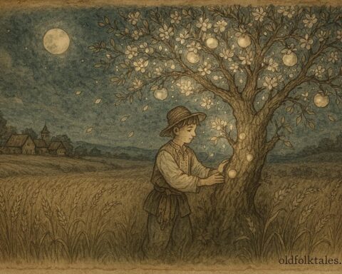 Parchment-style illustration of Ivan and The Magic Apple Tree in a Ukrainian folktale forest.