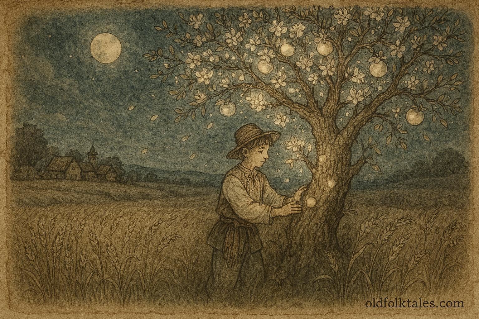 Parchment-style illustration of Ivan and The Magic Apple Tree in a Ukrainian folktale forest.