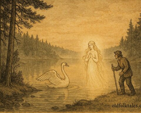 Parchment-style illustration of a swan maiden and farmer beside a Finnish lake.