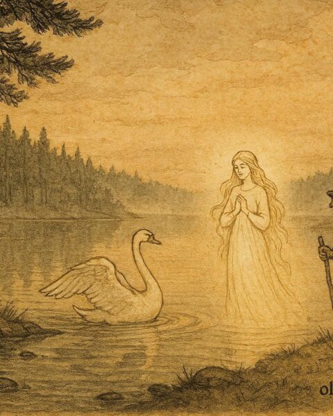 Parchment-style illustration of a swan maiden and farmer beside a Finnish lake.
