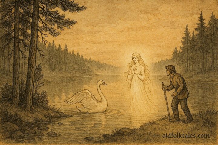 Parchment-style illustration of a swan maiden and farmer beside a Finnish lake.