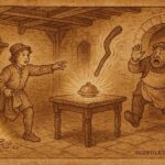 A scene of Norwegian youth summoning magical cudgel against greedy innkeeper.