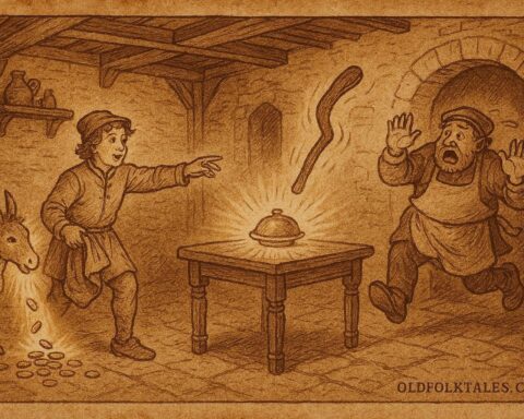 A scene of Norwegian youth summoning magical cudgel against greedy innkeeper.