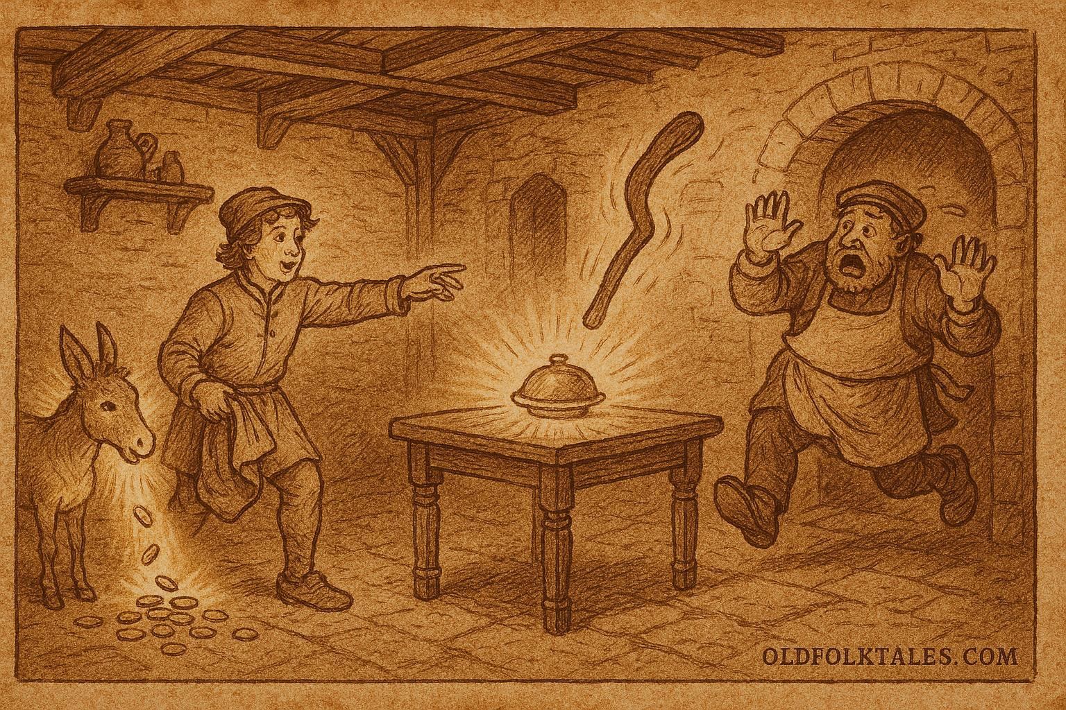 A scene of Norwegian youth summoning magical cudgel against greedy innkeeper.