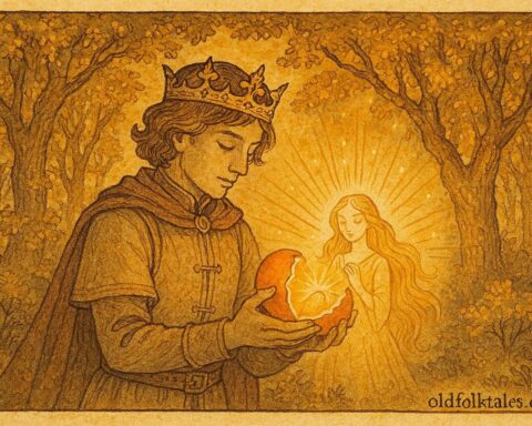 An artwork of Prince Luka freeing enchanted maiden from glowing orange, Croatian folktale scene