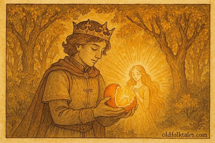 An artwork of Prince Luka freeing enchanted maiden from glowing orange, Croatian folktale scene