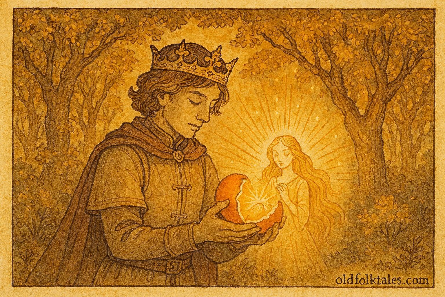 An artwork of Prince Luka freeing enchanted maiden from glowing orange, Croatian folktale scene