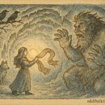 An illustration of Solveig rescuing the sun from a frost giant, Norwegian folklore scene.