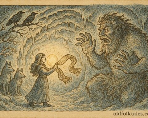 An illustration of Solveig rescuing the sun from a frost giant, Norwegian folklore scene.