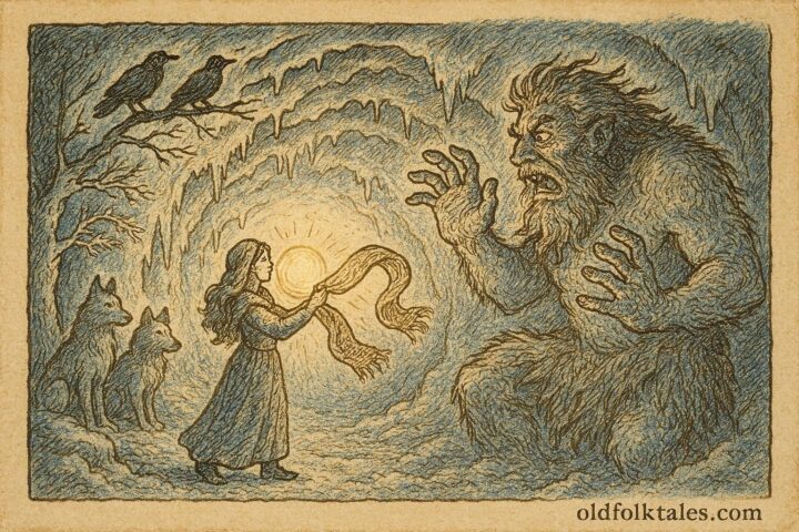 An illustration of Solveig rescuing the sun from a frost giant, Norwegian folklore scene.