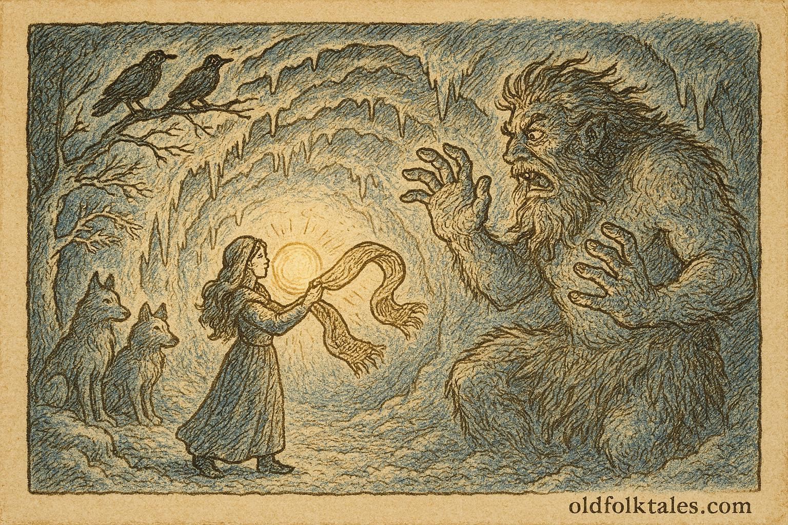 An illustration of Solveig rescuing the sun from a frost giant, Norwegian folklore scene.