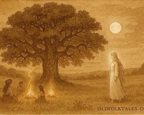 A Belarusian maiden beside sacred oak during Kupala Night.