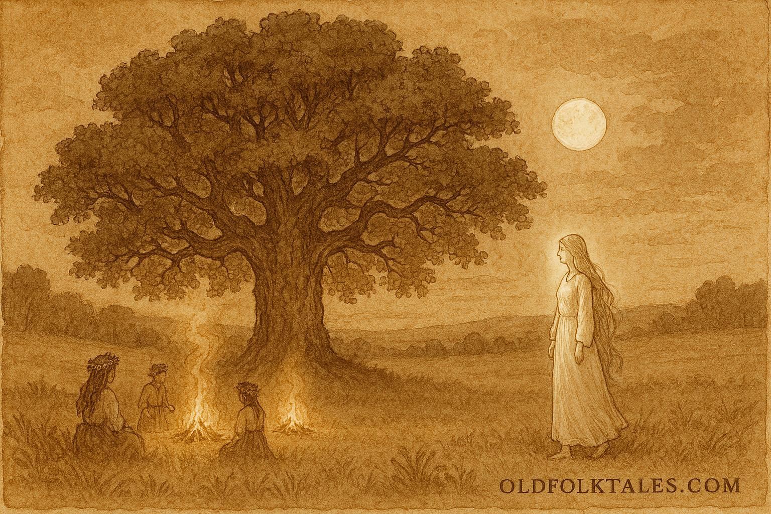 A Belarusian maiden beside sacred oak during Kupala Night.