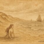 An artwork of mermaid rising from North Sea near Westende, Flemish coastal folktale scene.