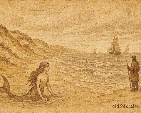 An artwork of mermaid rising from North Sea near Westende, Flemish coastal folktale scene.