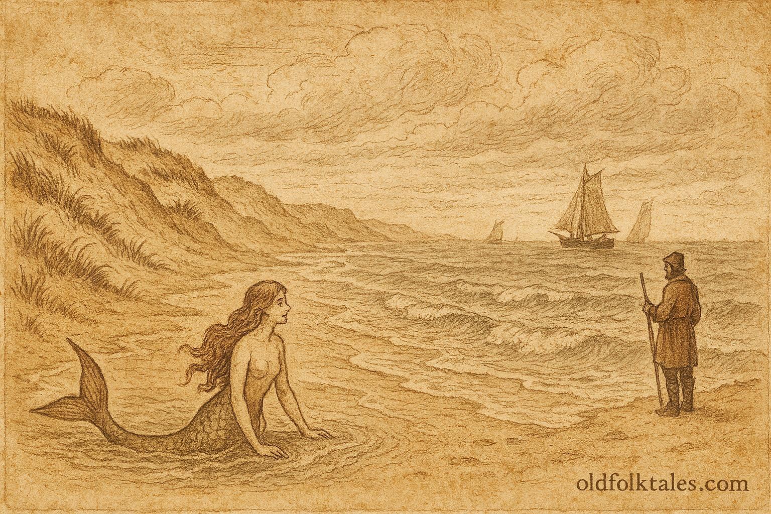 An artwork of mermaid rising from North Sea near Westende, Flemish coastal folktale scene.