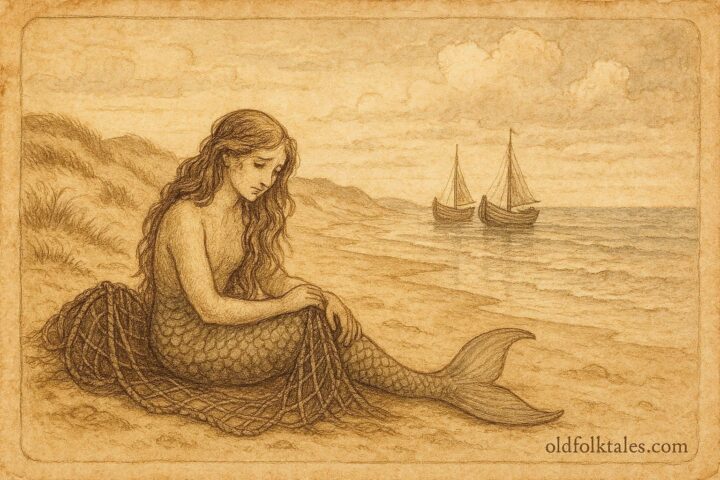 Parchment-style artwork of a mermaid captured by fishermen, Dutch Zeeland folklore scene.
