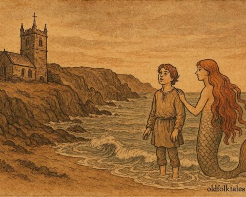 An artwork of Zennor mermaid and singer, Cornish folklore scene.