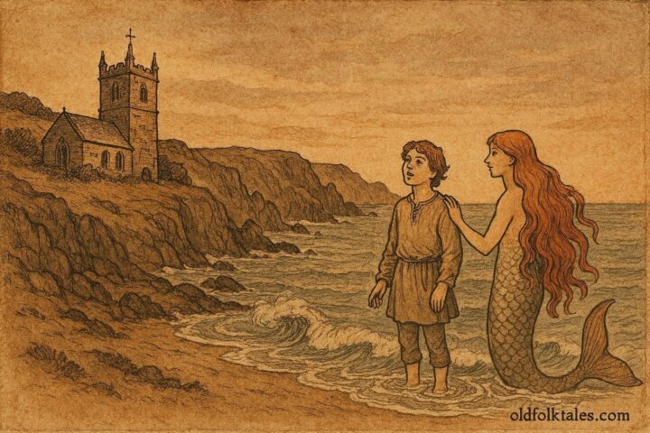 An artwork of Zennor mermaid and singer, Cornish folklore scene.