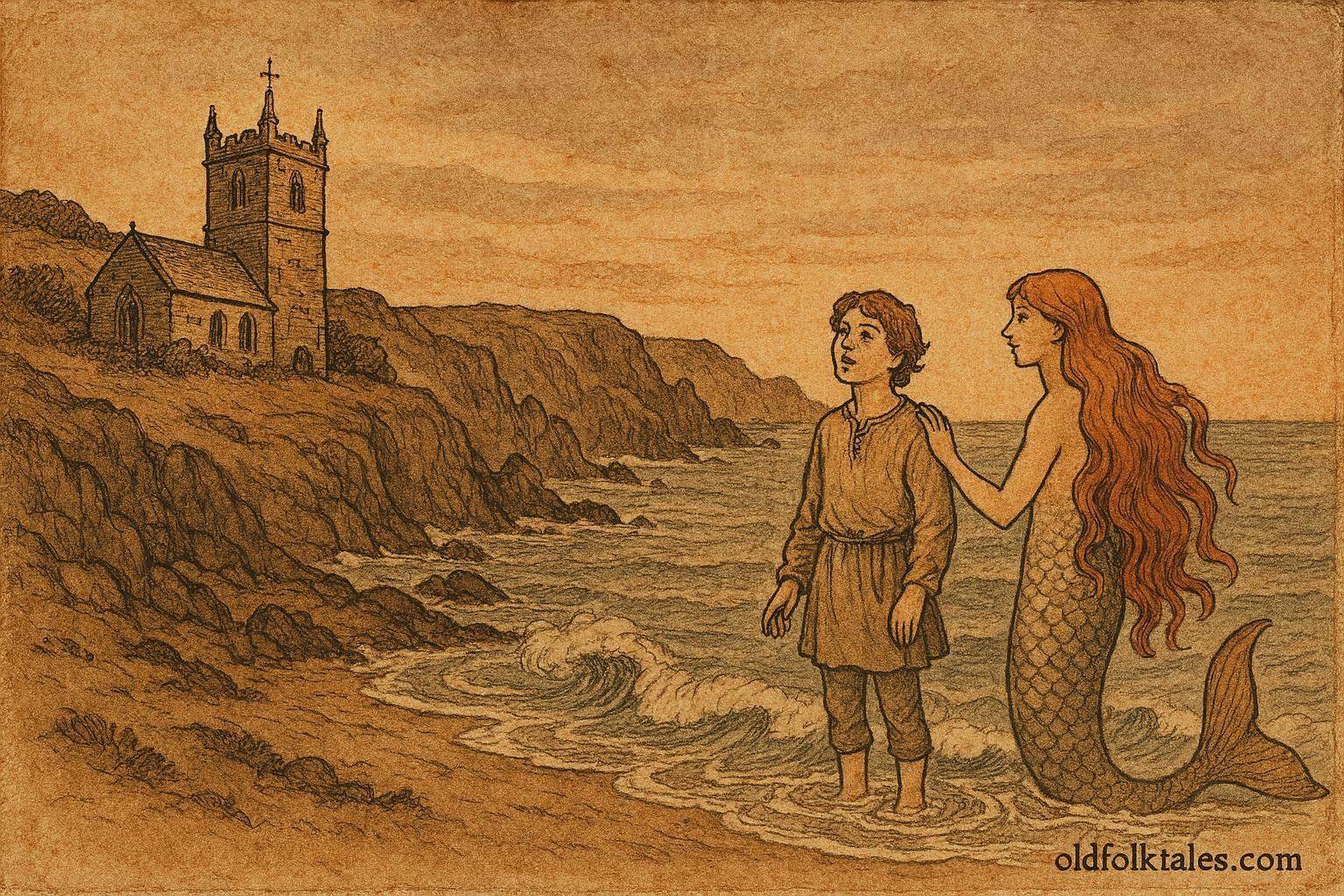 An artwork of Zennor mermaid and singer, Cornish folklore scene.
