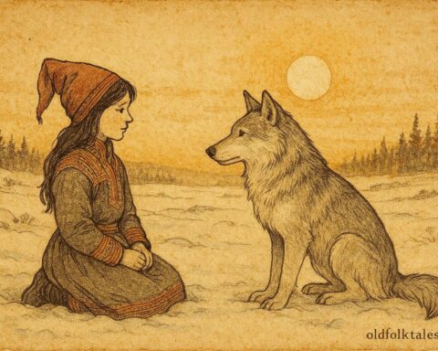 An illustration of a Sámi girl calming a silver wolf under Lapland’s midnight sun.