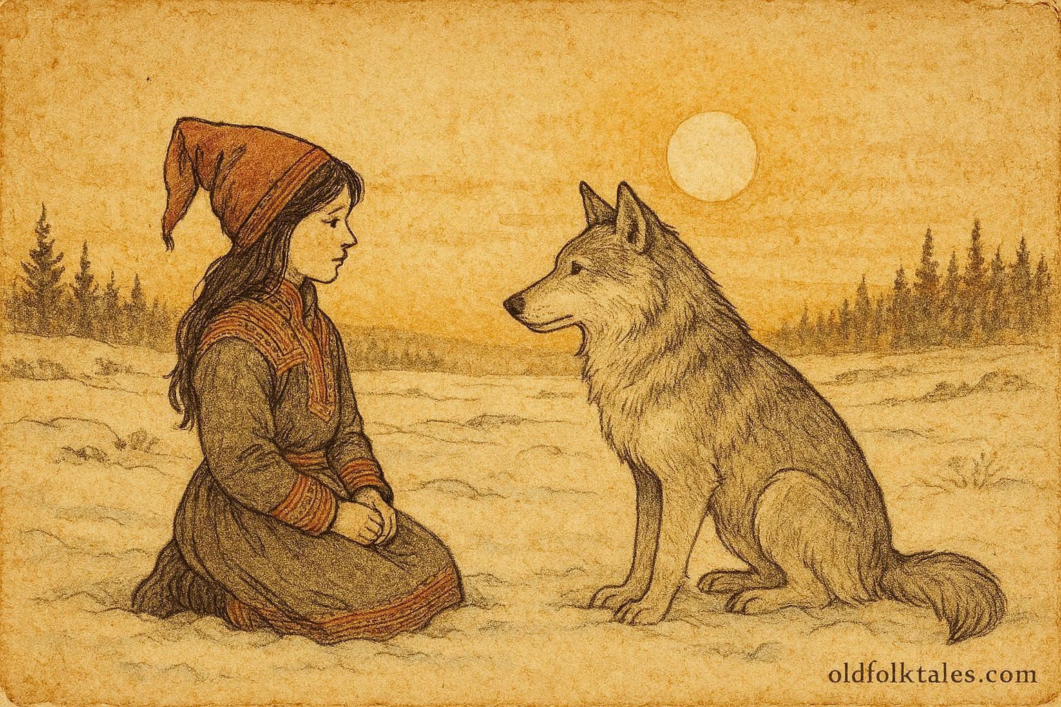 An illustration of a Sámi girl calming a silver wolf under Lapland’s midnight sun.